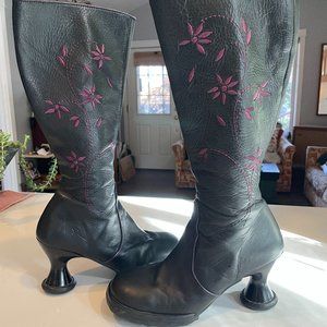 John Fluevog Black Leather w/Purple Embroidery Knee High Boots